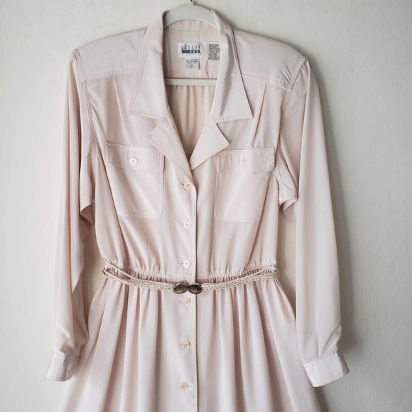 Vintage Leslie Fay Ecru Button Down Midi Dress Size 10 - Picture 3 of 7
